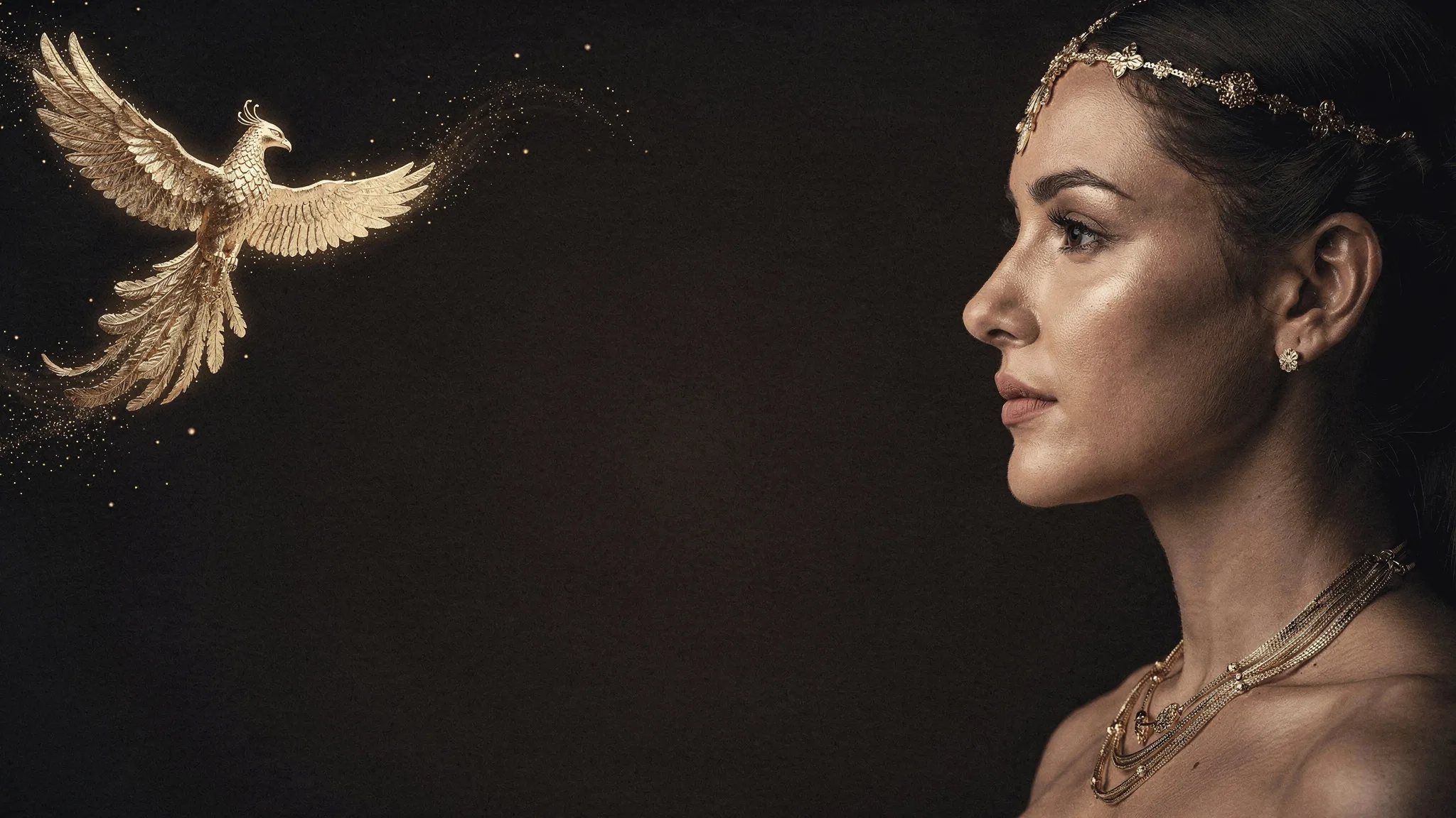 Profile of a woman wearing a gold headpiece and layered gold necklaces, with a golden phoenix rising in the dark behind her. AI-generated image.